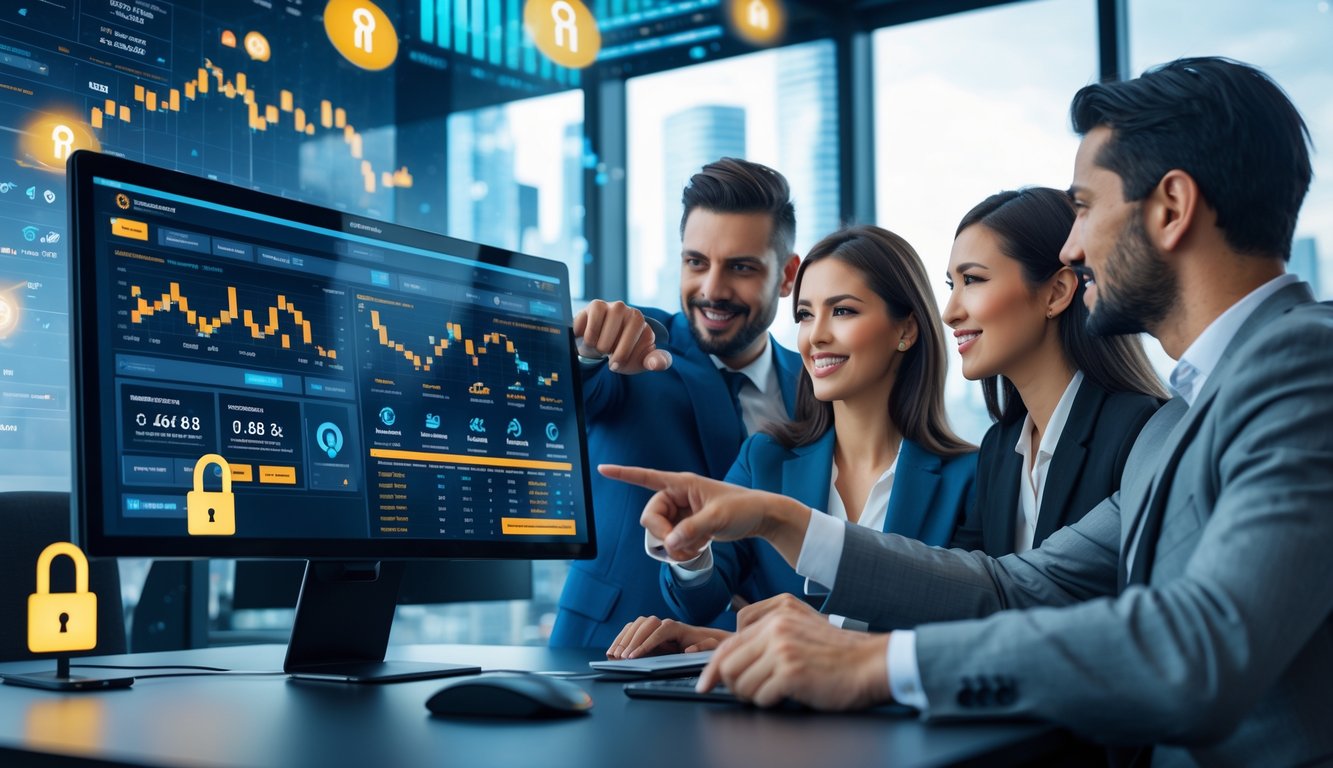 Sebuah ruang kerja modern dengan tiga profesional berdiskusi di depan layar komputer yang menampilkan platform taruhan online.