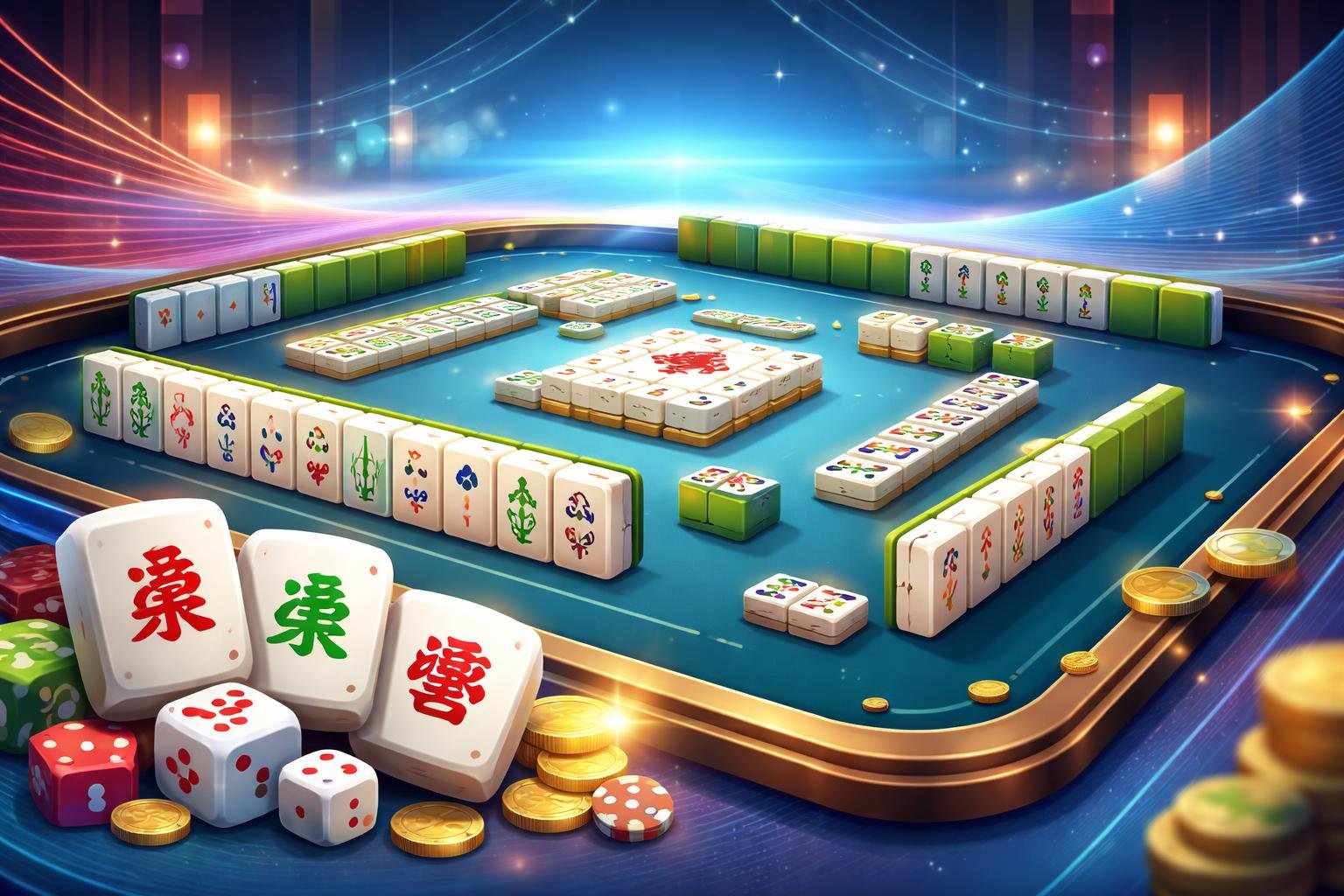 Ilustrasi meja permainan Mahjong dengan berbagai jenis ubin Mahjong yang tersusun rapi di lingkungan permainan digital yang modern dan stabil.