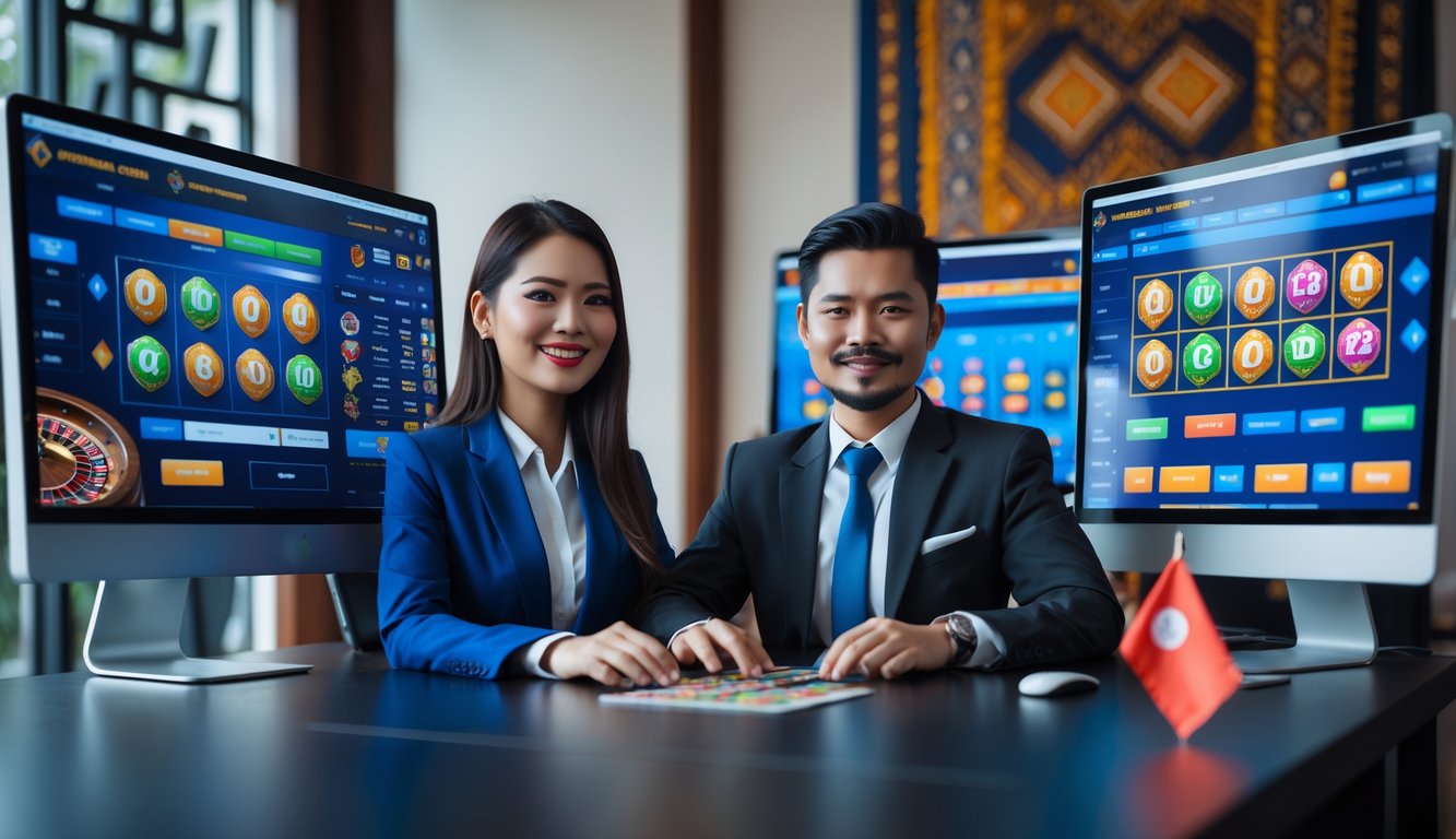 Seorang pria dan wanita Indonesia duduk di depan komputer dengan tampilan permainan judi online yang berwarna-warni, di ruang kerja yang modern dan aman.