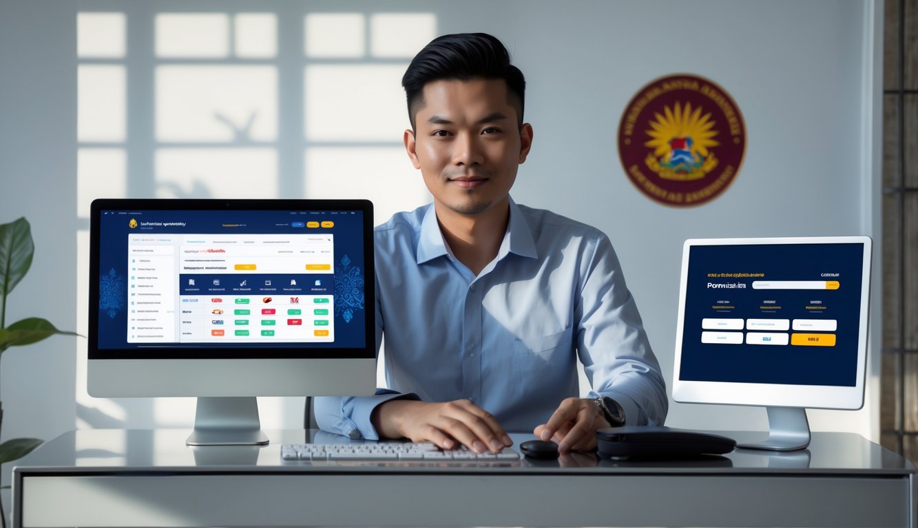 Seorang pria muda Indonesia duduk di meja dengan perangkat digital yang menampilkan platform judi online, dengan dekorasi batik dan latar belakang yang menunjukkan suasana kantor rumah modern.