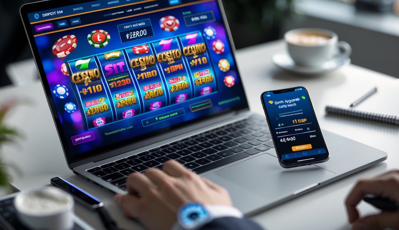 Seorang pengguna sedang menggunakan laptop dan ponsel dengan tampilan situs judi online di meja kerja modern.