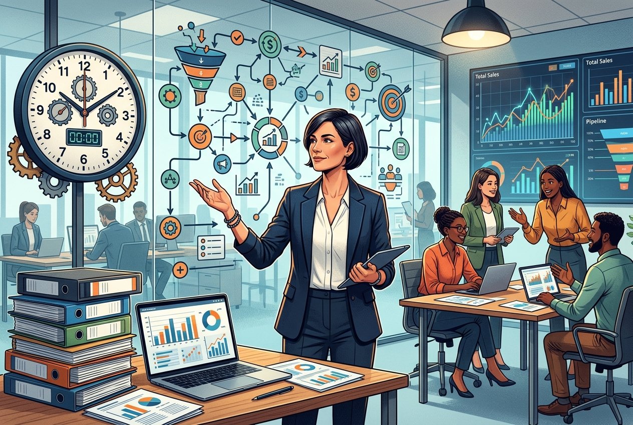 Menedżer sprzedaży w nowoczesnym biurze otoczony symbolami wyzwań zarządzania sprzedażą, takimi jak diagramy, zegar, dokumenty i zespół współpracowników.