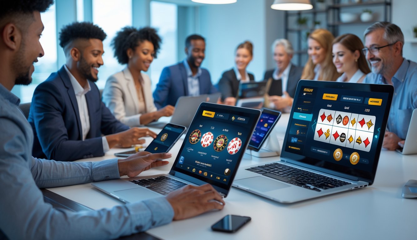 Sejumlah orang menggunakan perangkat digital untuk bermain judi online dalam suasana ruang kerja modern dan nyaman.