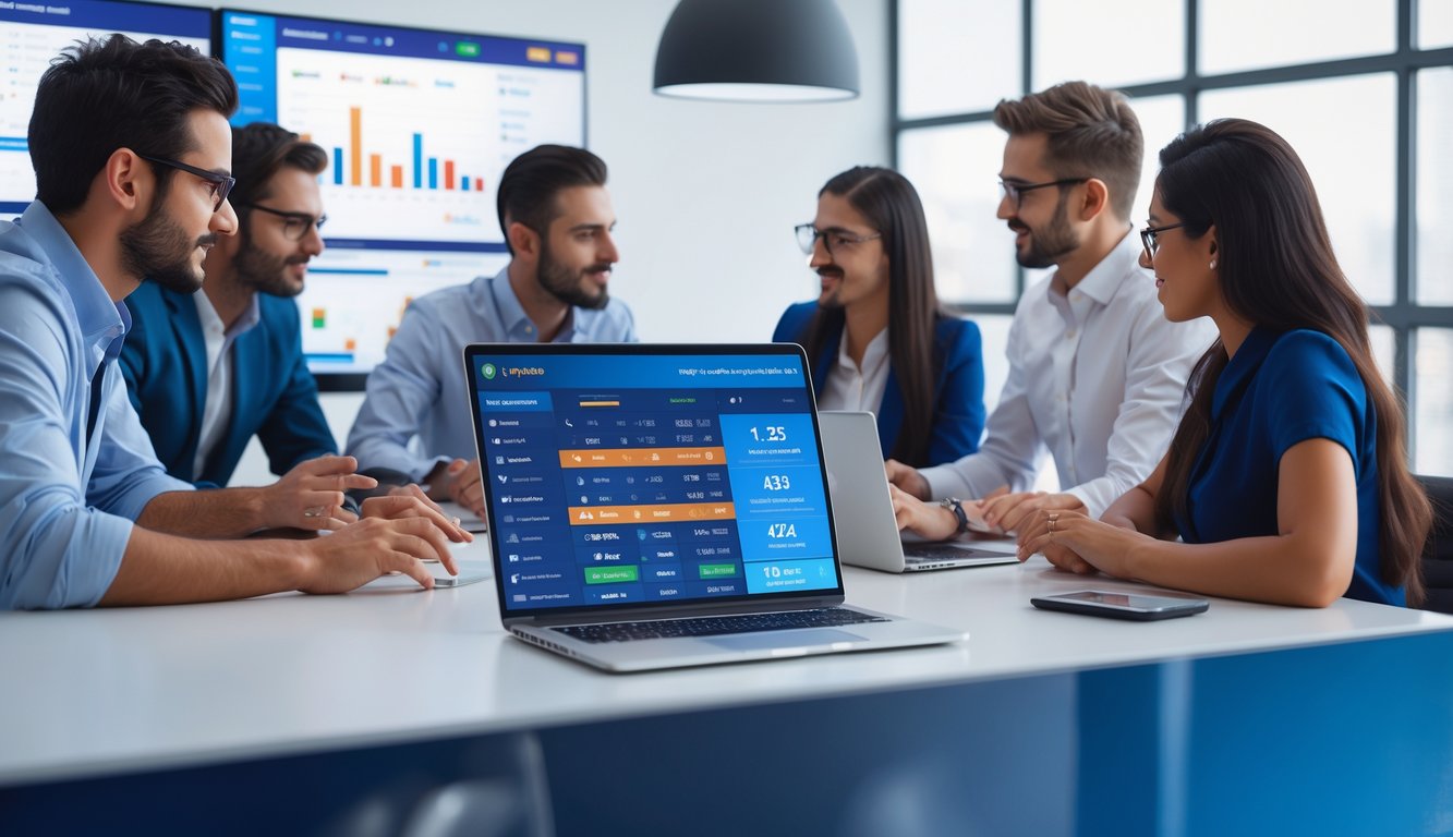 Sebuah ruang kerja modern dengan laptop yang menampilkan platform judi online, dikelilingi oleh orang-orang yang sedang berdiskusi dan menganalisis data.