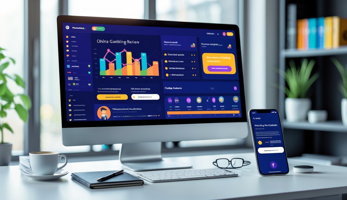 Meja kerja modern dengan komputer dan ponsel yang menampilkan antarmuka situs judi online, dilengkapi dengan alat tulis dan cangkir kopi.