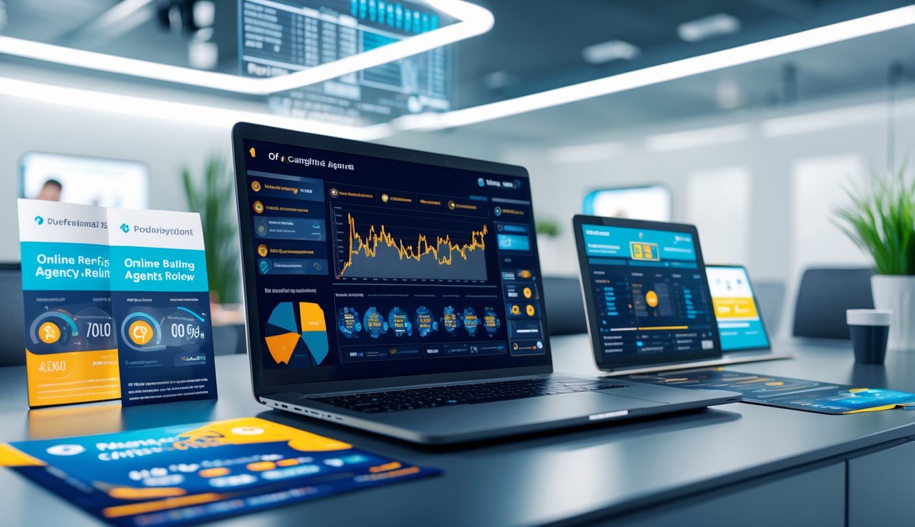 Sebuah ruang kerja modern dengan laptop yang menampilkan grafik dan statistik terkait agen judi online, dikelilingi oleh materi promosi di meja, dengan latar belakang kantor yang bersih dan terang.