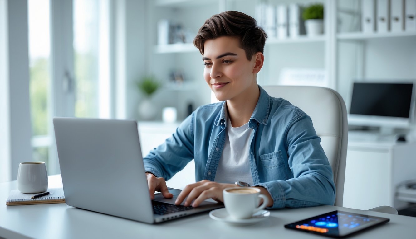 Seseorang duduk di meja kerja menggunakan laptop dengan ekspresi fokus dan tenang di ruangan yang terang dan rapi.