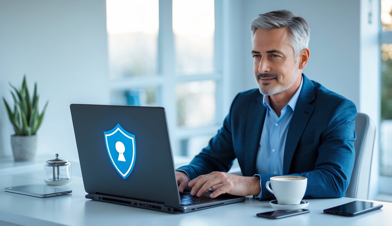 Seorang pria dewasa duduk di meja dengan laptop, fokus menggunakan situs judi online yang aman di ruang kerja rumah yang terang dan rapi.