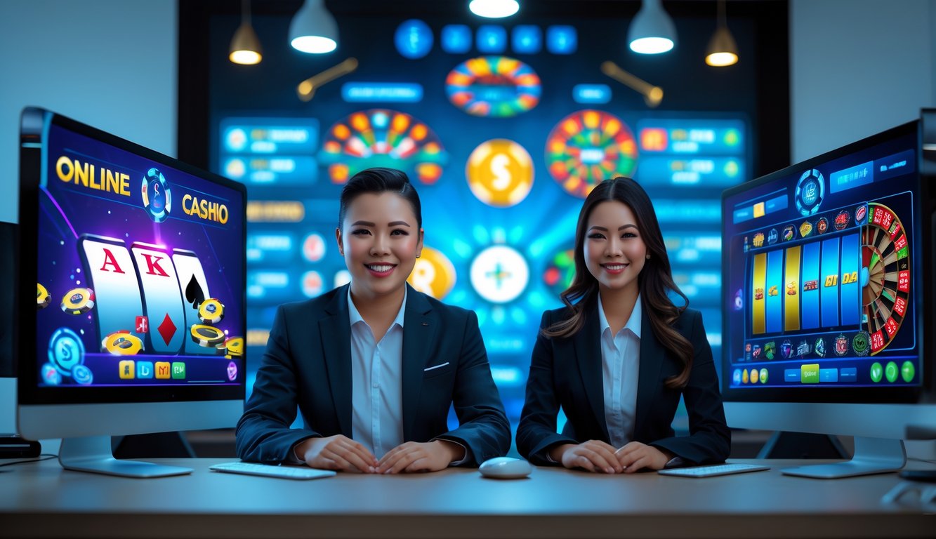 Seorang pria dan wanita Indonesia duduk di meja dengan beberapa monitor komputer menampilkan grafik permainan judi online, di ruang kantor modern.