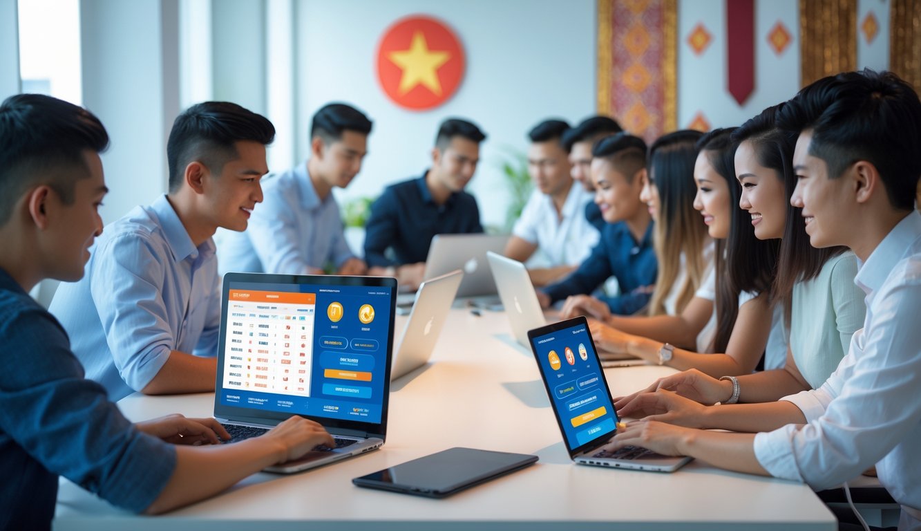 Sekelompok orang muda menggunakan laptop dan ponsel di ruang kantor modern dengan elemen budaya Indonesia, menunjukkan suasana taruhan online yang terpercaya dan adil.