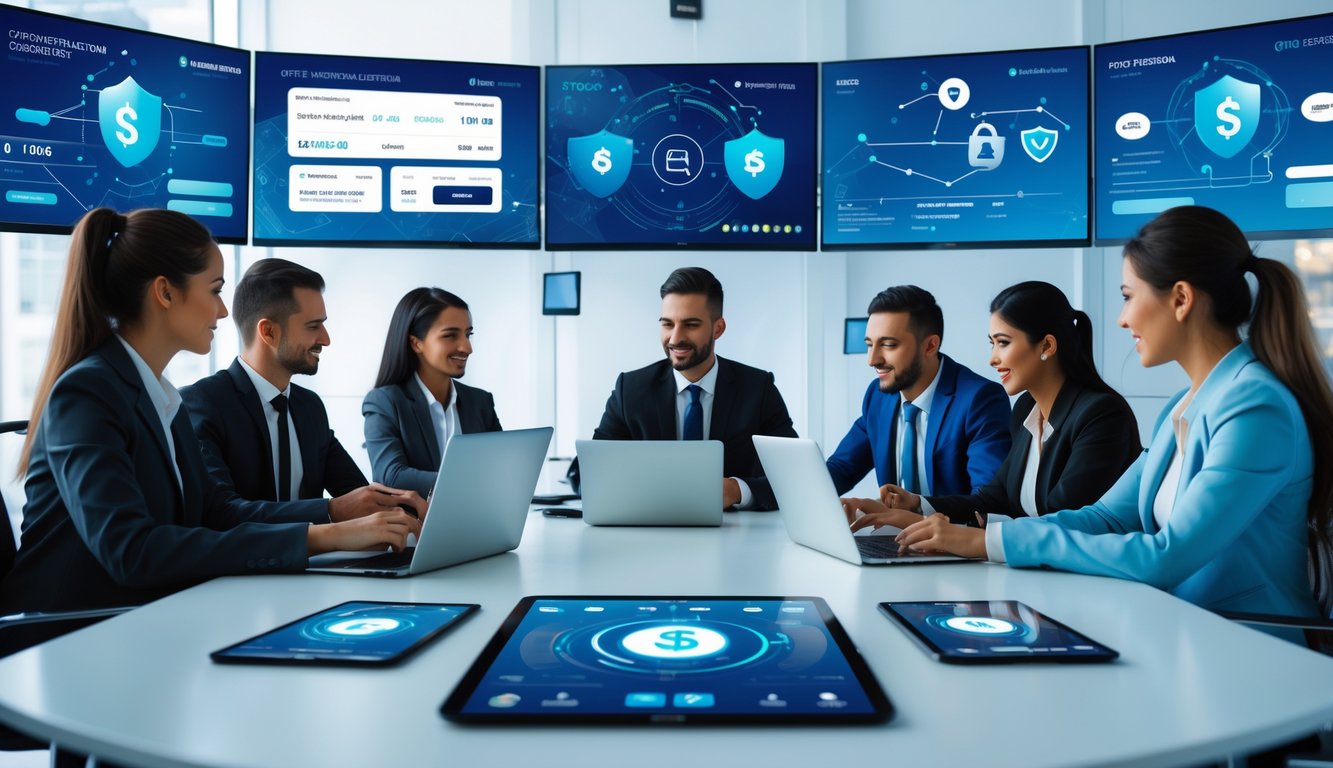 Sekelompok profesional sedang rapat di kantor modern dengan perangkat digital yang menunjukkan layanan pembayaran dan platform judi online.