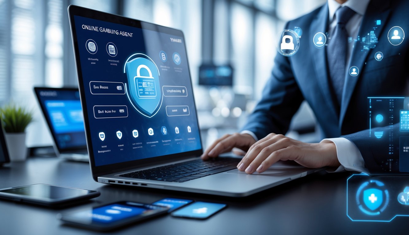 Seorang profesional sedang menggunakan laptop di kantor modern dengan tampilan metode pembayaran digital yang lengkap.