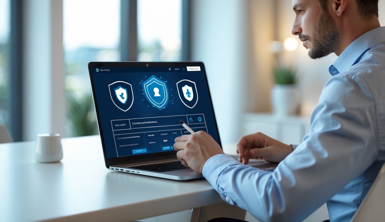 Seseorang duduk di meja dengan laptop, terlihat serius dan fokus saat menggunakan situs judi online yang aman.