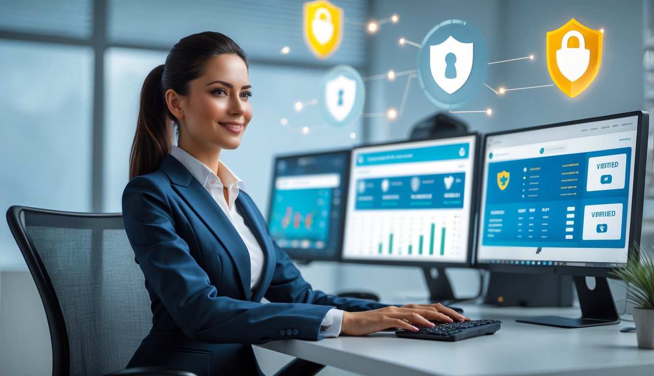 Seorang agen judi online yang profesional duduk di depan komputer di kantor modern dengan simbol keamanan dan kepercayaan di layar.