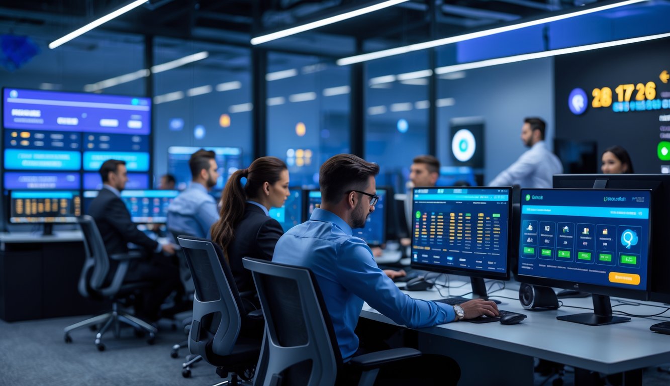 Seorang profesional sedang bekerja di kantor agen judi online dengan beberapa komputer dan layar digital yang menampilkan aktivitas taruhan, menunjukkan layanan 24 jam.