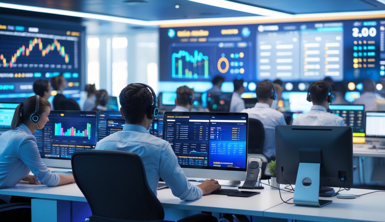 Sekelompok profesional bekerja di kantor agen judi online dengan layar komputer menampilkan data dan layanan 24 jam.