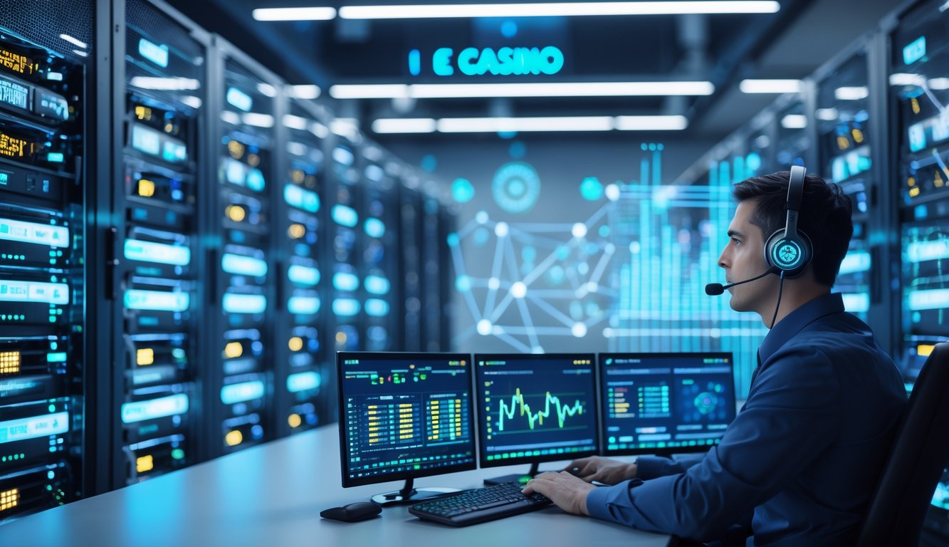 Ruang server kasino online dengan teknisi yang memantau layar komputer dan peralatan server modern.