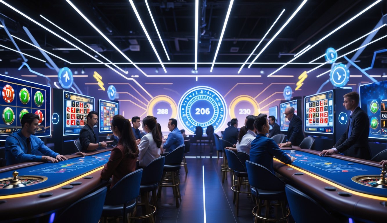 Beberapa pemain fokus bermain di kasino online dengan layar digital yang menampilkan permainan kartu dan roda roulette, di latar belakang terdapat elemen grafis yang melambangkan koneksi internet cepat dan stabil.