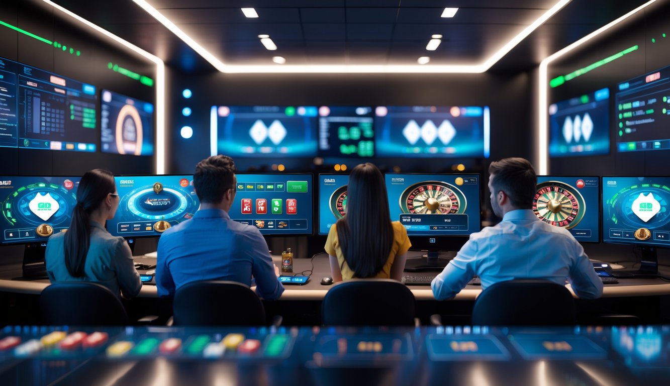 Orang-orang bermain kasino online secara langsung dengan latar belakang server cepat dan peralatan teknologi canggih.