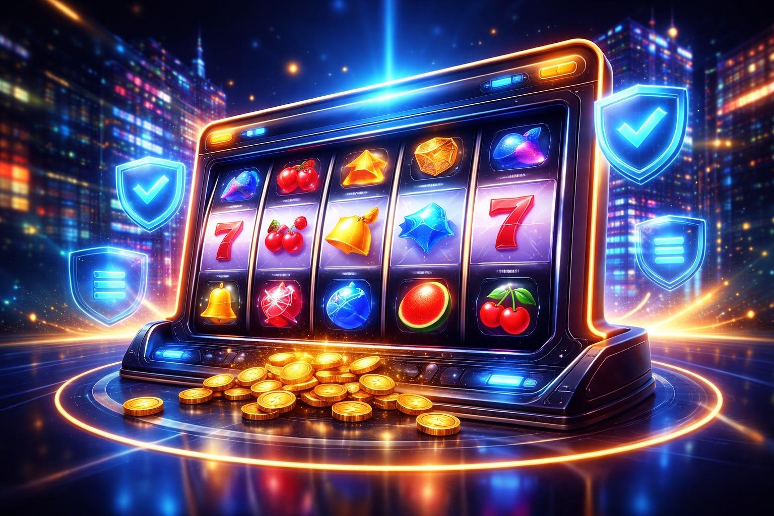 Antarmuka kasino online modern dengan gulungan slot berwarna-warni dan latar belakang kota futuristik malam hari yang penuh cahaya.