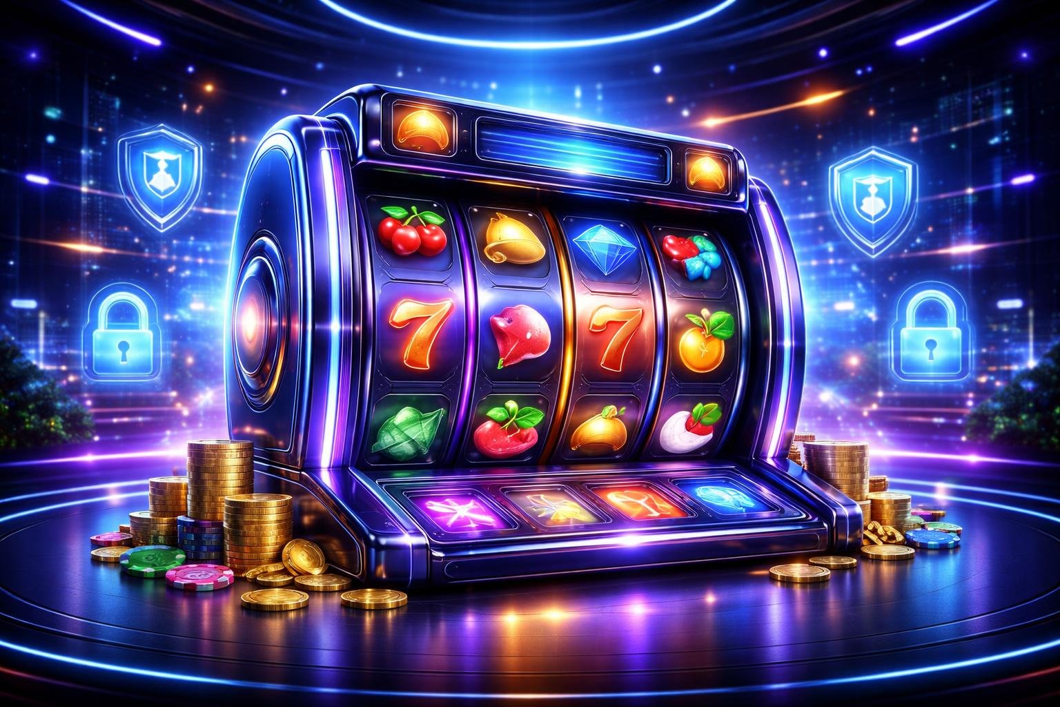 Tampilan mesin slot digital futuristik dengan simbol warna-warni di latar belakang kota digital yang modern dan aman.