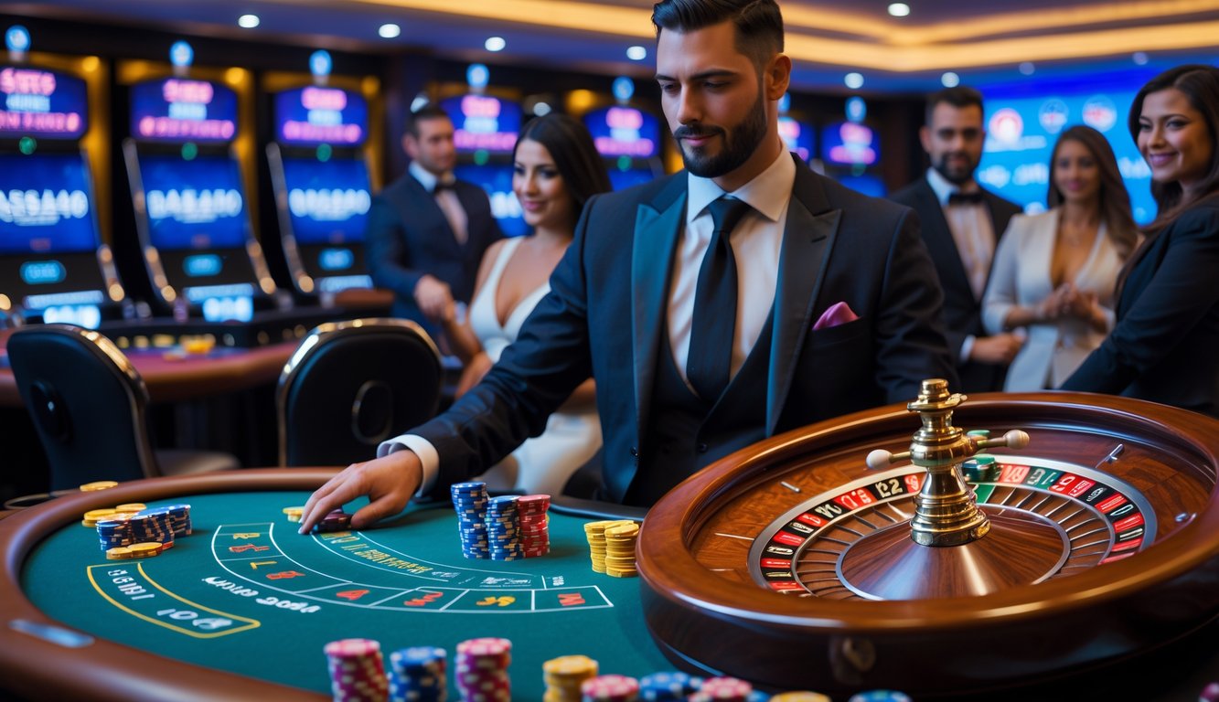 Suasana kasino langsung dengan meja blackjack dan roda roulette, pemain dan dealer sedang bermain dengan fokus.