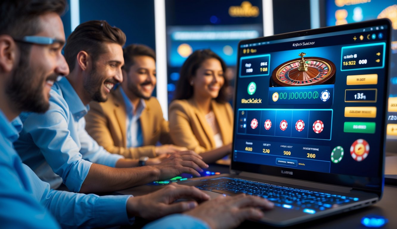 Orang-orang bermain blackjack dan roulette secara online dengan komputer dan suasana kasino yang modern.