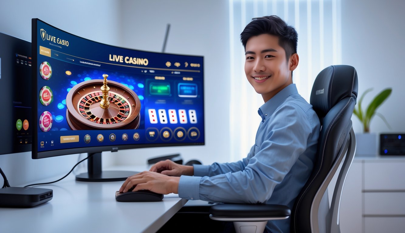 Seorang pria muda sedang bermain kasino langsung online di komputer dengan tampilan permainan kasino yang jelas di layar dalam ruangan yang terang dan rapi.