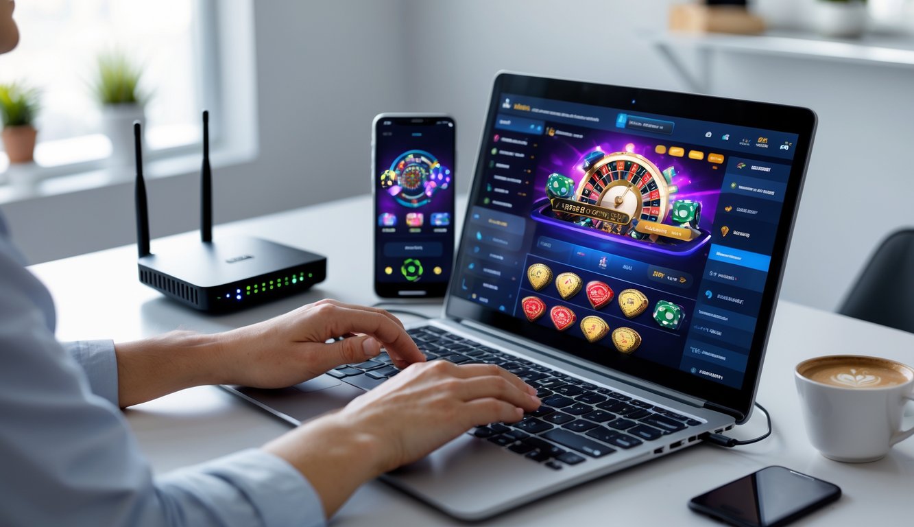 Seseorang menggunakan laptop di ruang kerja rumah dengan layar menampilkan permainan kasino langsung, terlihat fokus dan percaya diri.