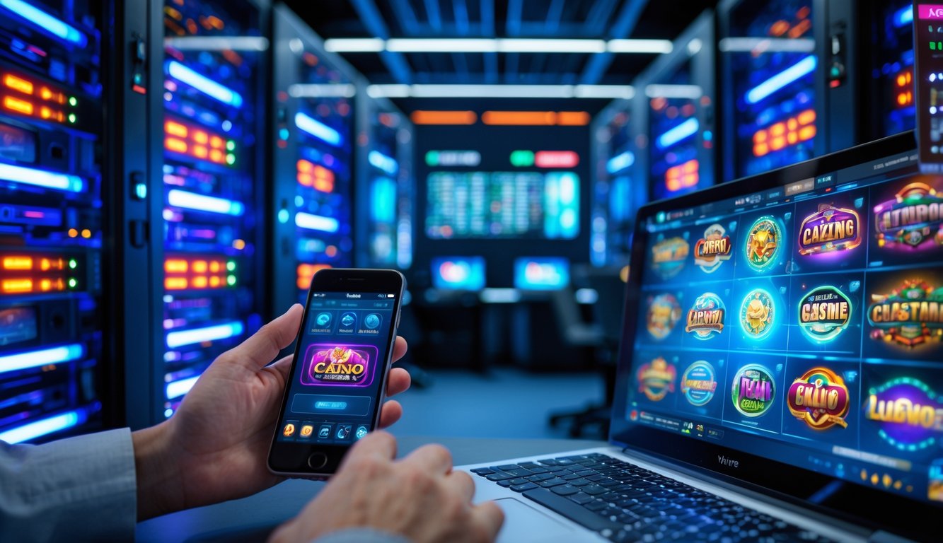 Ruang server kasino online dengan peralatan teknologi tinggi, seseorang menggunakan smartphone dan laptop yang menampilkan permainan kasino.