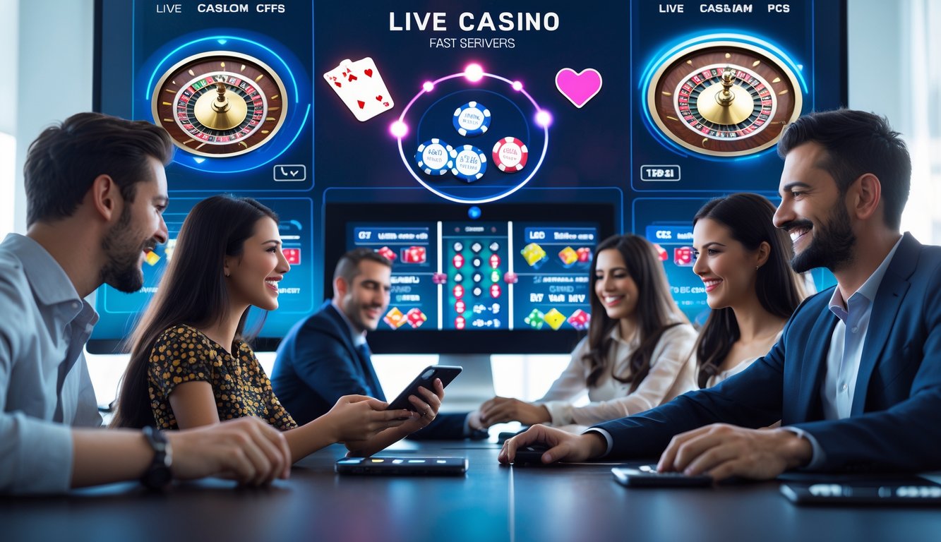 Orang-orang menggunakan smartphone dan komputer untuk bermain live casino online dengan tampilan game kasino yang jelas dan berwarna-warni.