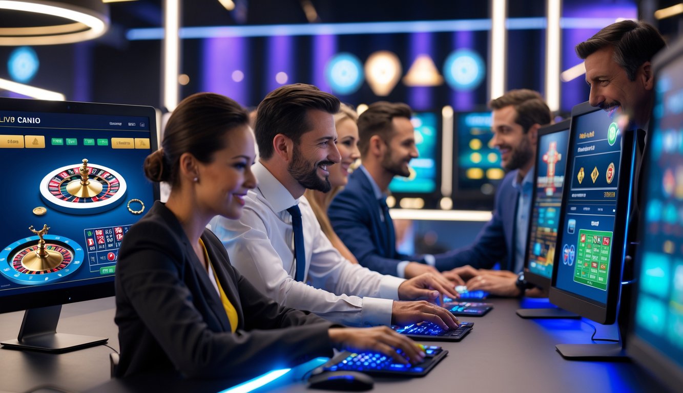 Orang-orang menggunakan komputer dengan layar menampilkan permainan kasino langsung dalam suasana kerja modern dan terang.