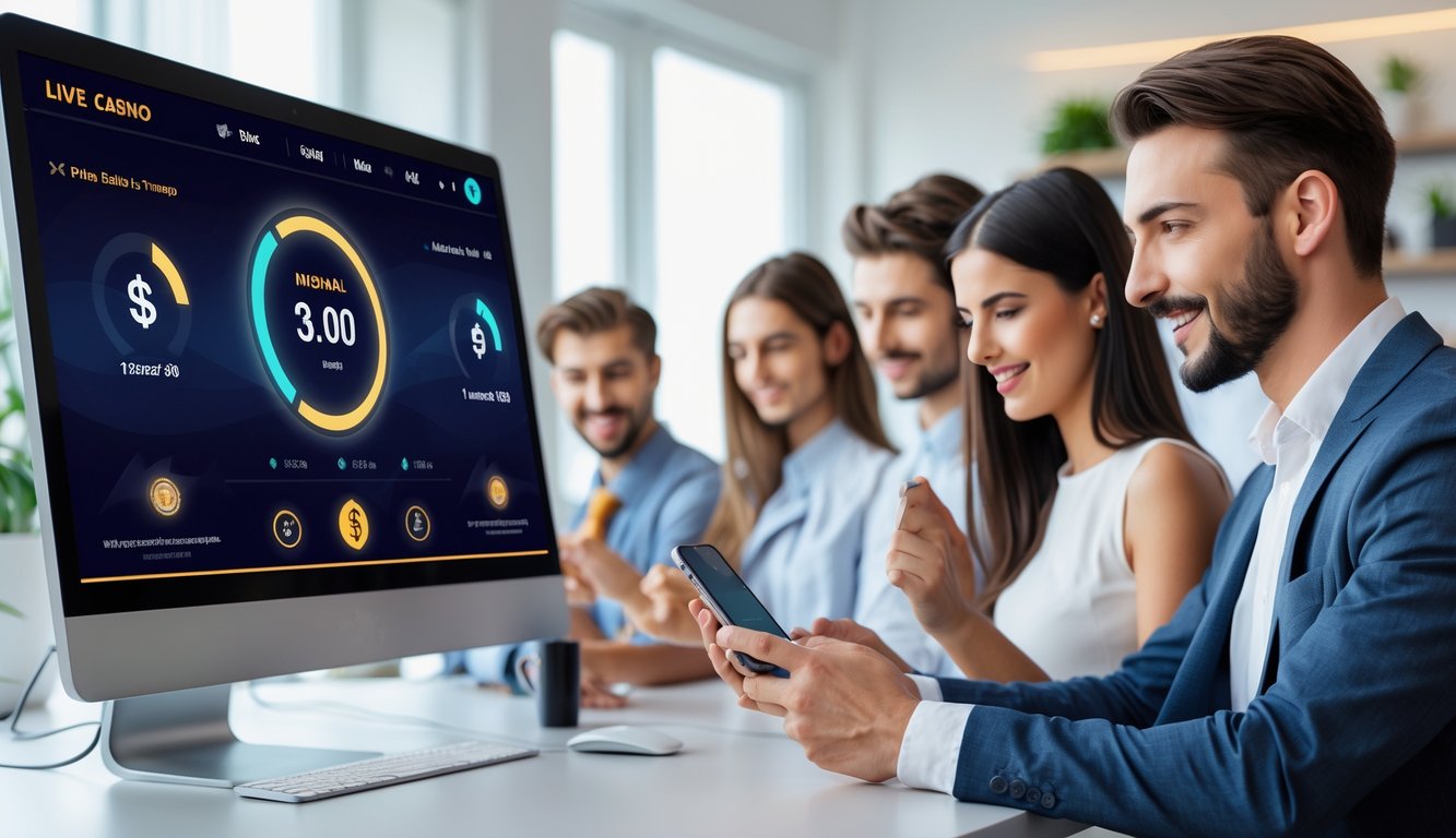 Beberapa orang muda menggunakan perangkat komputer dan ponsel untuk bermain live casino online dengan tampilan antarmuka yang modern dan cepat.