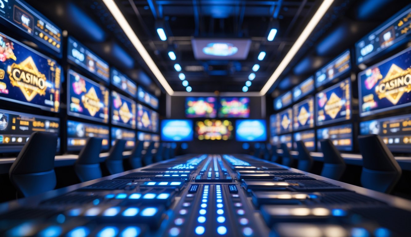 Ruangan server kasino online dengan barisan server modern dan layar besar menampilkan permainan kasino yang sedang disiarkan.