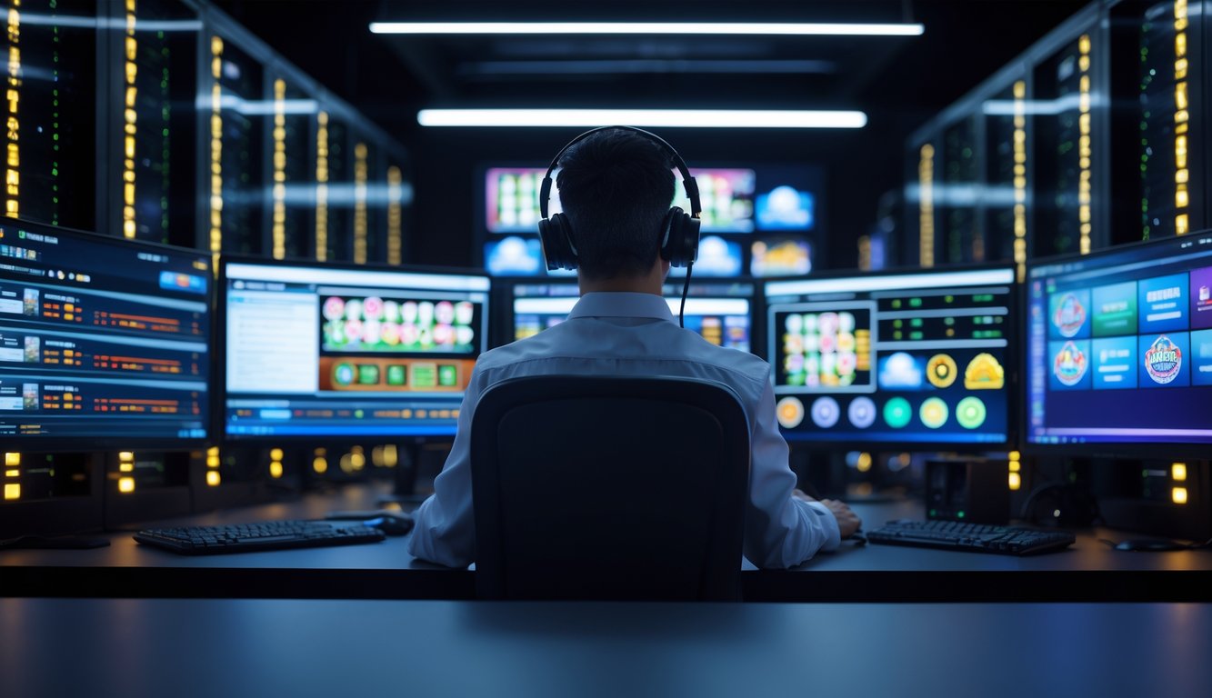 Seorang teknisi IT sedang memantau server live casino online dengan beberapa layar yang menampilkan permainan kasino secara langsung.