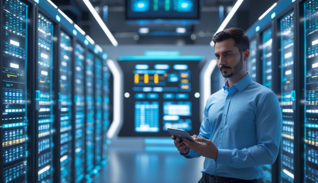 Ruangan server kasino online modern dengan rak server canggih dan teknisi yang memantau perangkat.