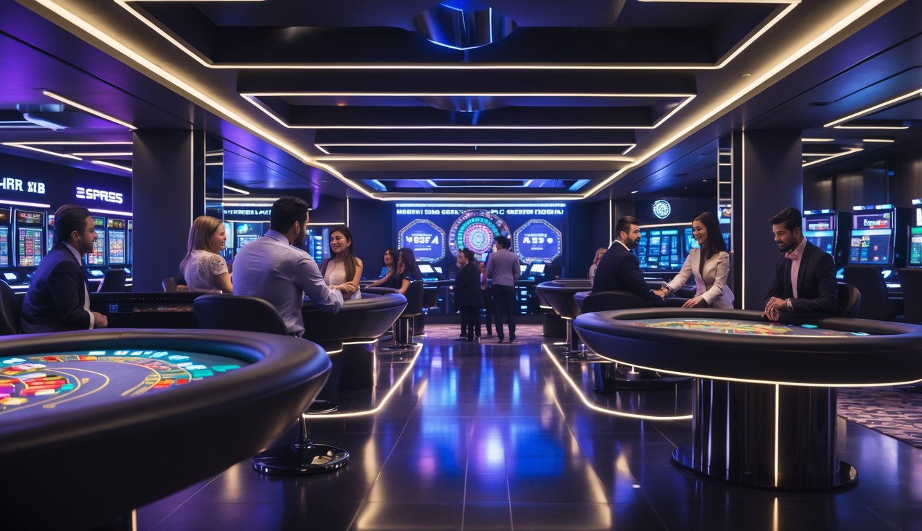 Suasana kasino langsung modern dengan meja permainan digital dan rak server berteknologi tinggi yang menunjukkan koneksi cepat tanpa gangguan.