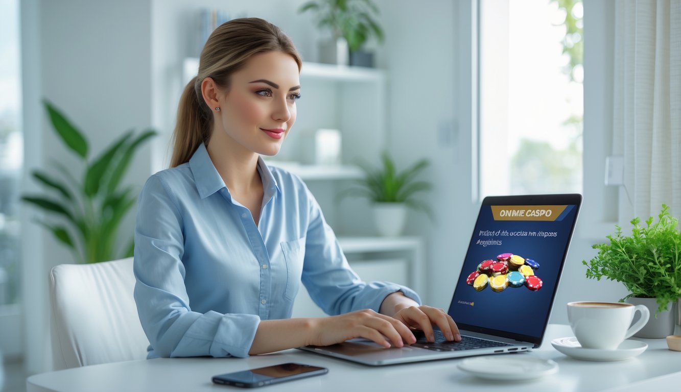 Seorang wanita muda duduk di meja dengan laptop, terlihat fokus menggunakan situs kasino online di ruang kerja yang terang dan rapi.