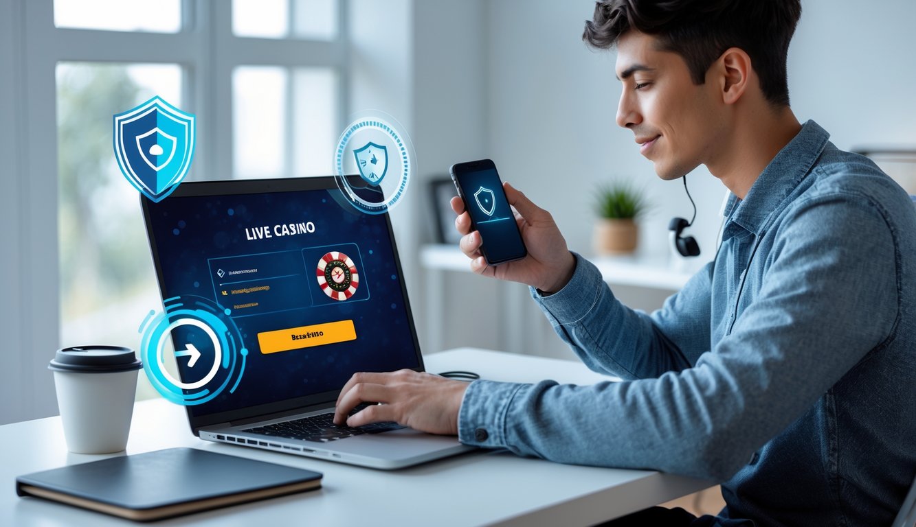 Seorang dewasa muda duduk di meja dengan laptop dan ponsel, fokus mendaftar di situs live casino online dalam suasana ruang kerja rumah yang rapi.