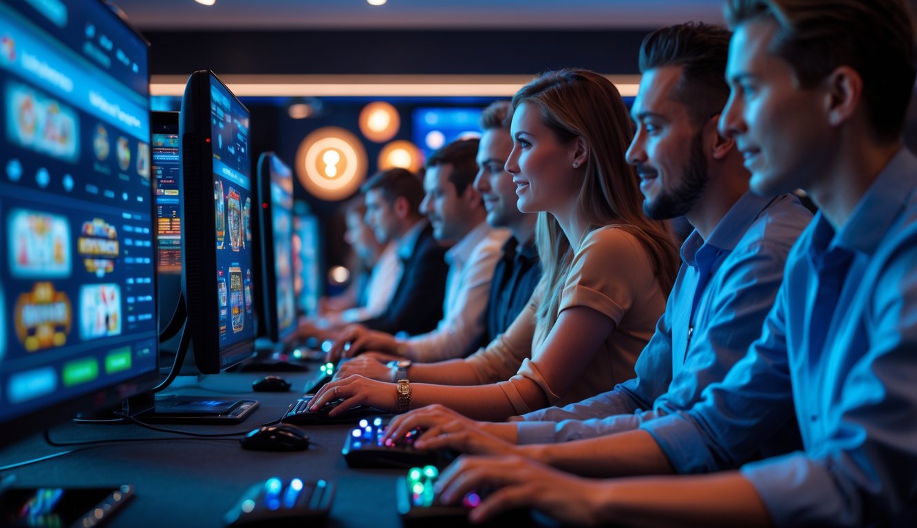 Beberapa orang sedang bermain game kasino online secara real-time dengan perangkat komputer dan ponsel di ruangan yang terang dan modern.