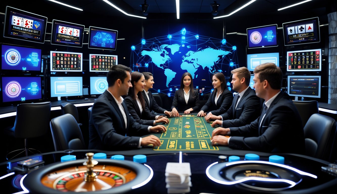 Suasana studio kasino langsung dengan dealer yang sedang bermain game kasino real-time tanpa gangguan koneksi.