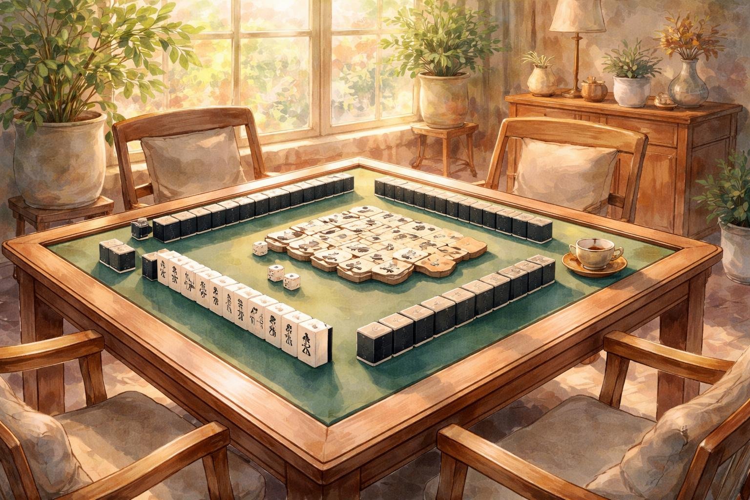 Meja permainan mahjong dengan ubin hitam yang rapi di sebuah ruangan nyaman dengan cahaya lembut dan dekorasi hangat.