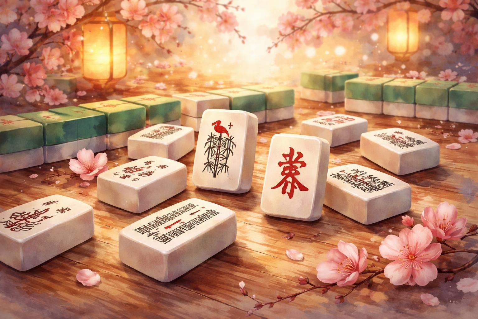 Pemandangan meja dengan ubin Mahjong hitam dan merah yang tersebar, dikelilingi bunga sakura dan lampu lentera lembut.
