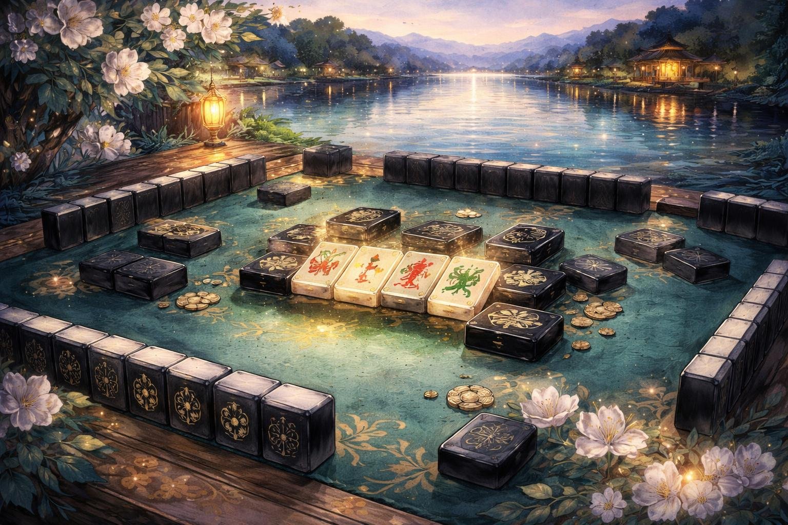 Meja Mahjong dengan ubin hitam tersebar di atasnya, di latar belakang tampak waduk dengan air tenang dan langit senja yang lembut.