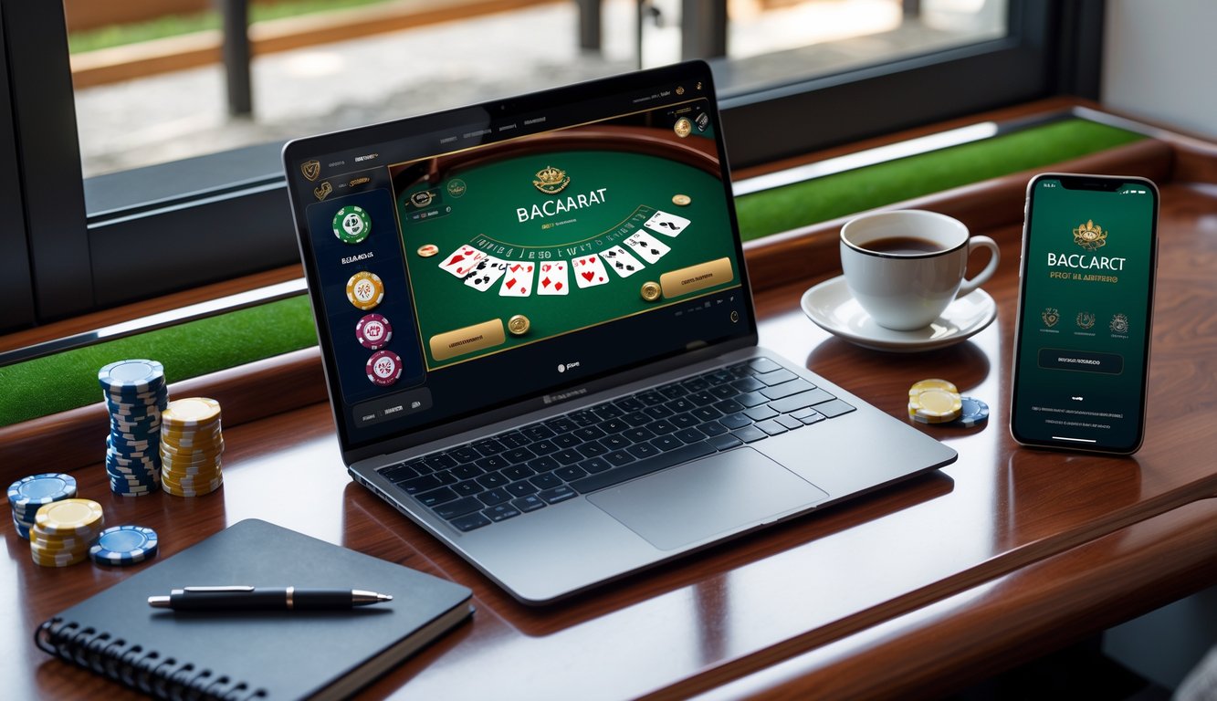 Seorang pria menggunakan laptop dan ponsel untuk bermain permainan baccarat online di meja kerja yang rapi dan terang.