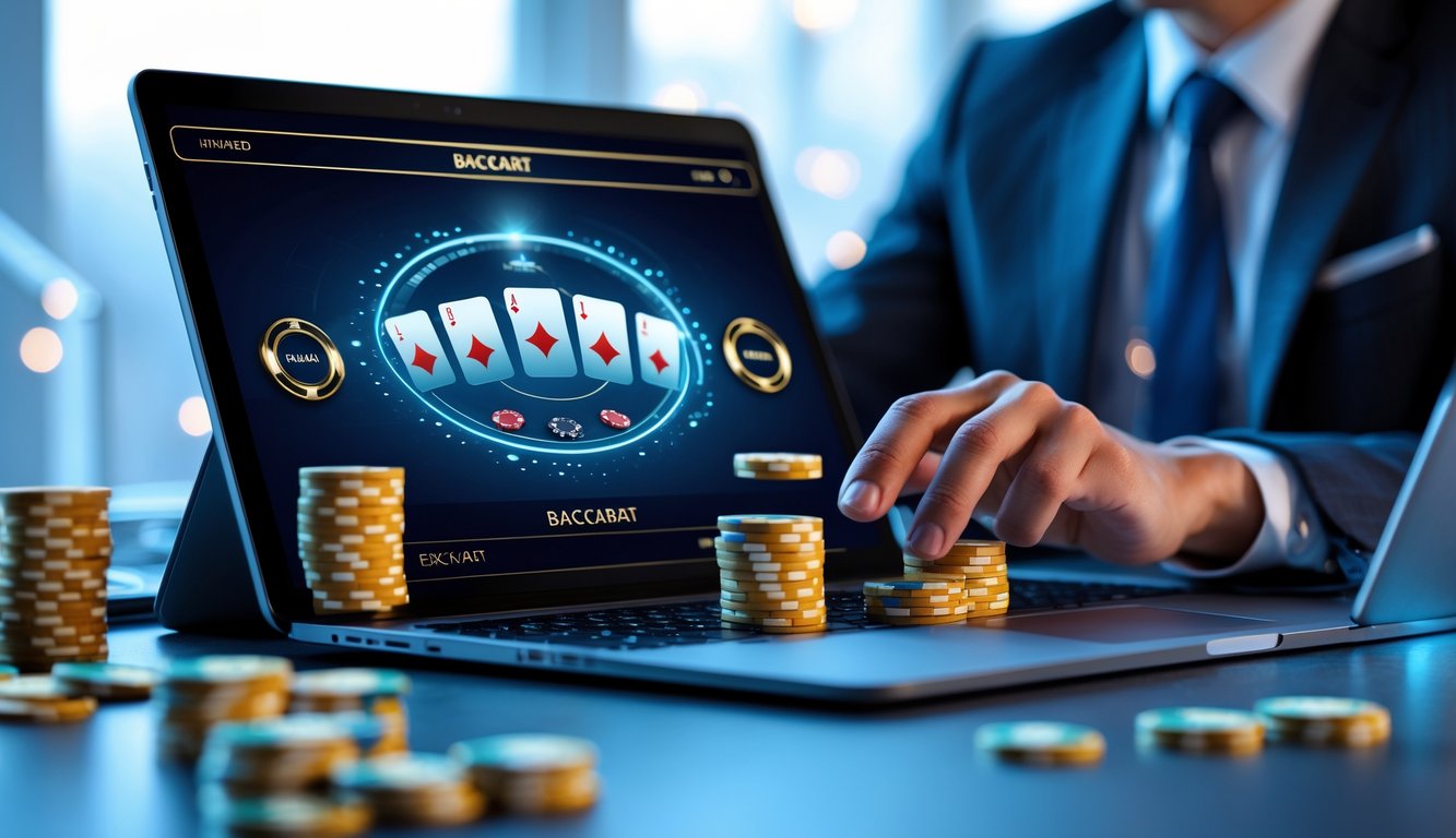 Seorang profesional menggunakan perangkat digital dengan tampilan permainan baccarat online di layar, di ruang kerja yang bersih dan terang.
