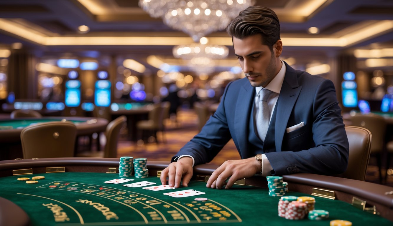 Seorang pemain profesional di meja baccarat mewah dengan kartu dan chip, di dalam kasino yang elegan.