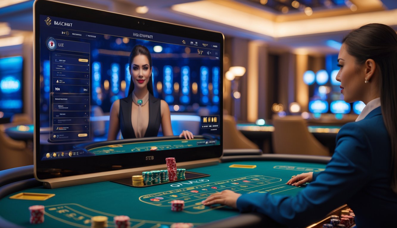 Seorang dealer wanita yang rapi di depan layar komputer menampilkan permainan baccarat online dengan suasana kasino modern.