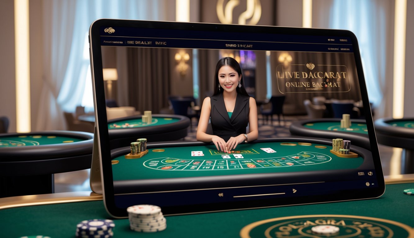 Seorang wanita ramah sebagai dealer langsung di depan layar komputer yang menampilkan permainan baccarat online dengan suasana kasino yang elegan.