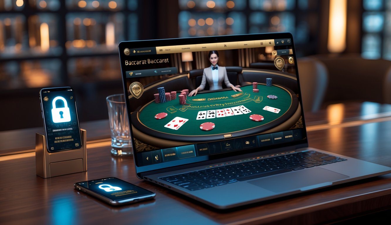 Tampilan antarmuka permainan baccarat online yang aman dan terpercaya pada laptop dan ponsel di atas meja kayu.